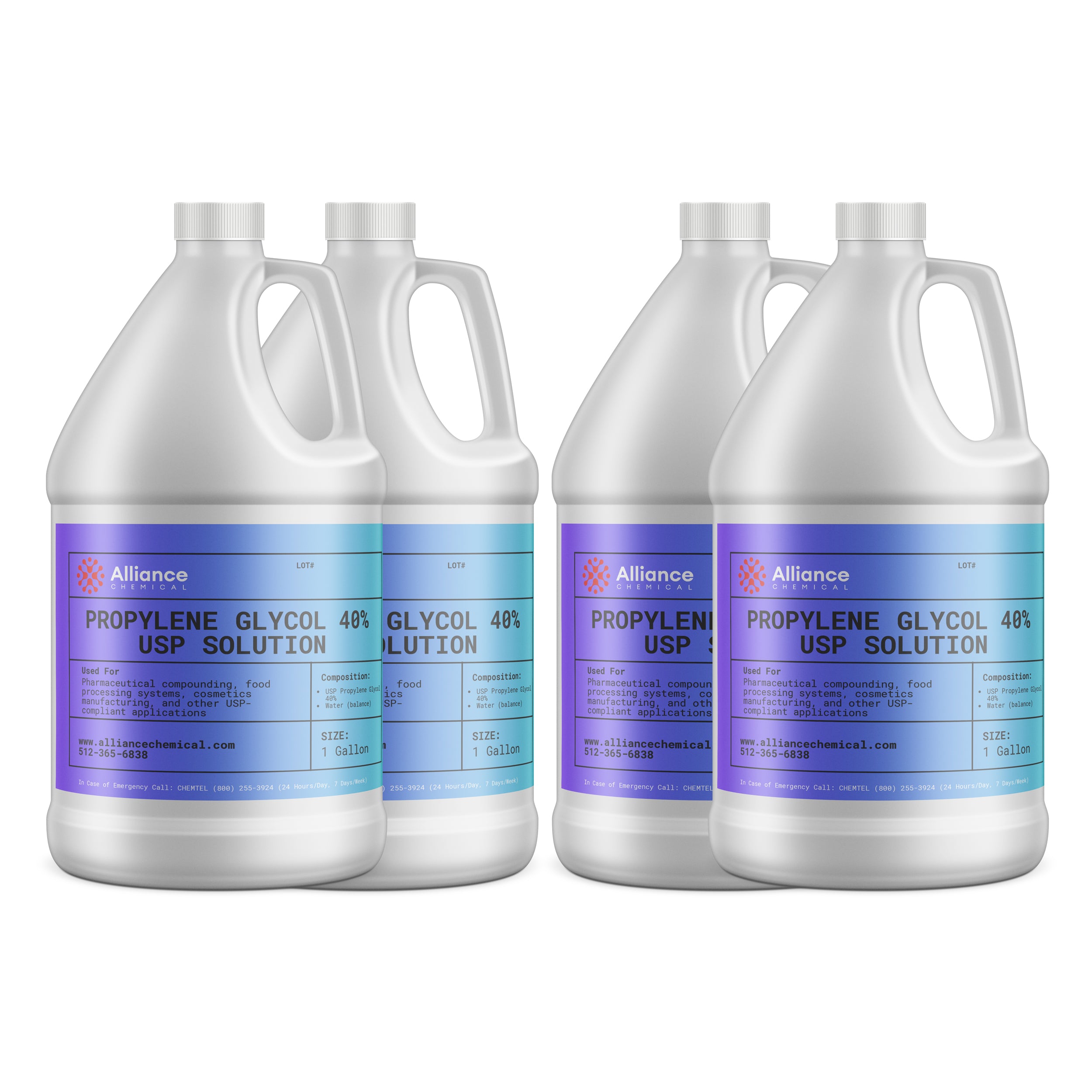 Alliance Chemical propylene glycol 40% in four clear 1-gallon HDPE jugs with colorful labels